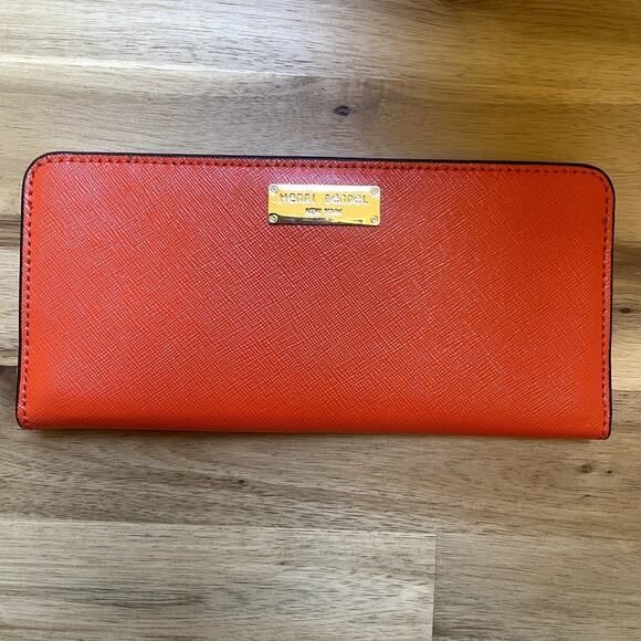 Henri Bendel Fold Snap Button Closure Retro Slim Card Bill Wallet Orange - Picture 1 of 12